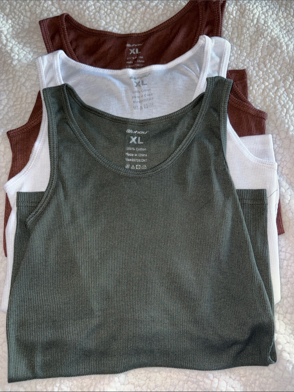 Casual Ribbed Tank Trio — Olive, White & Brown